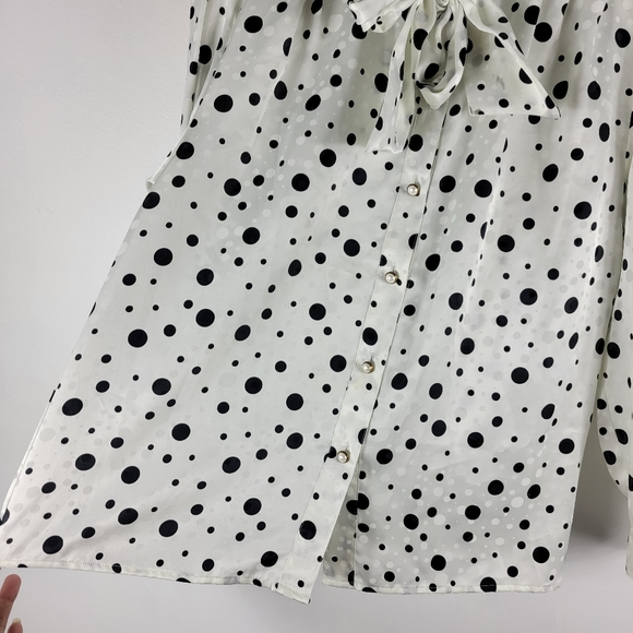 Leslie Fay Vintage 80s Jacquard Polka Dot Puff Sleeve Buton Up Tie Bow Blouse - Picture 4 of 10